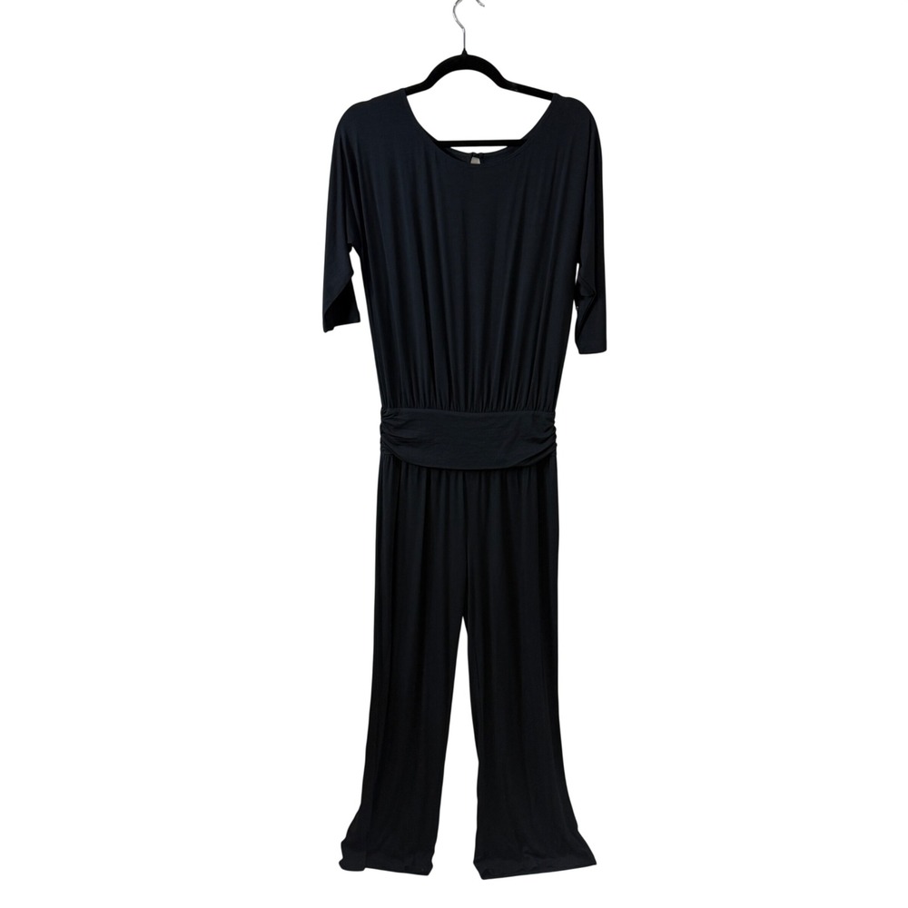 Soft Surroundings Black Wide Leg Jumpsuit XS 3/4 Sleeve Keyhole Back Knit Romper